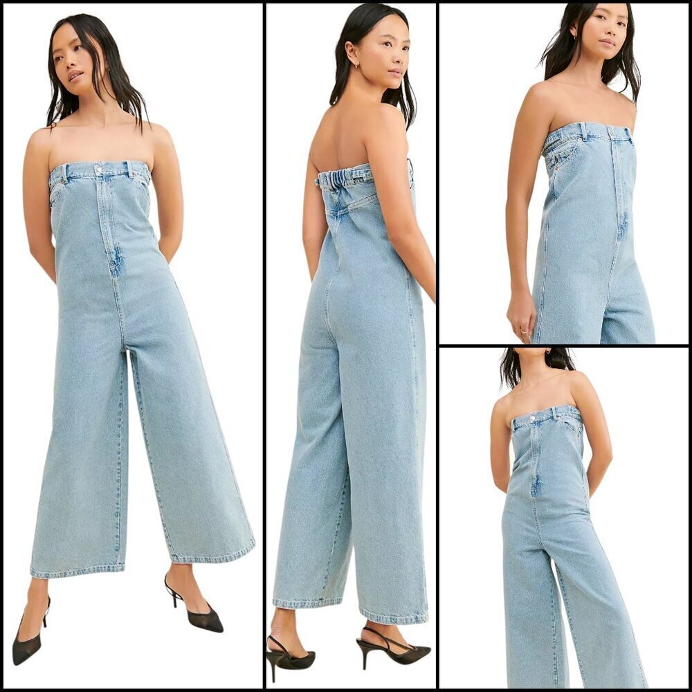ALOHAS Lola Blue Denim Strapless Wide Leg Jumpsuit Boho Casual Beachy Size L